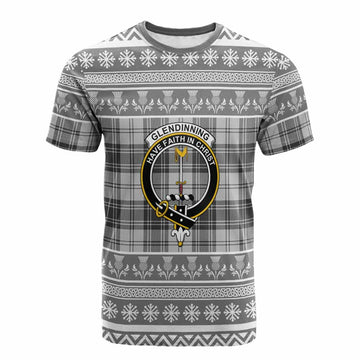 Glendinning Clan Tartan Christmas Cotton T-shirt with Family Crest