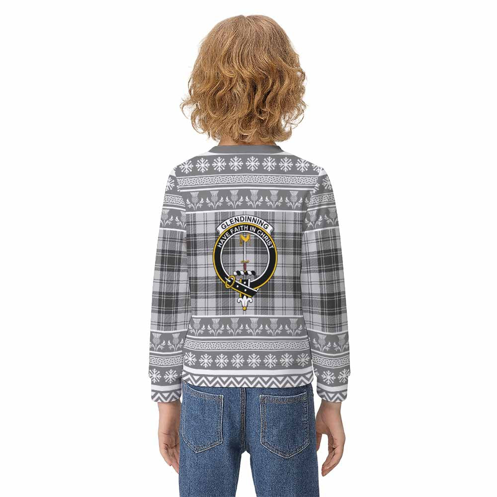 Glendinning Clan Tartan Christmas Kid Ugly Sweatshirt with Family Crest - Tartan Vibes Clothing