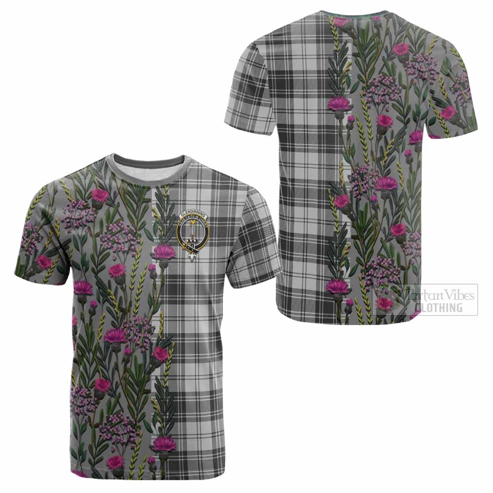 Glendinning Family Crest Tartan Cotton T-shirt Scottish Thistle Flower Pattern Half Style - Tartan Vibes Clothing