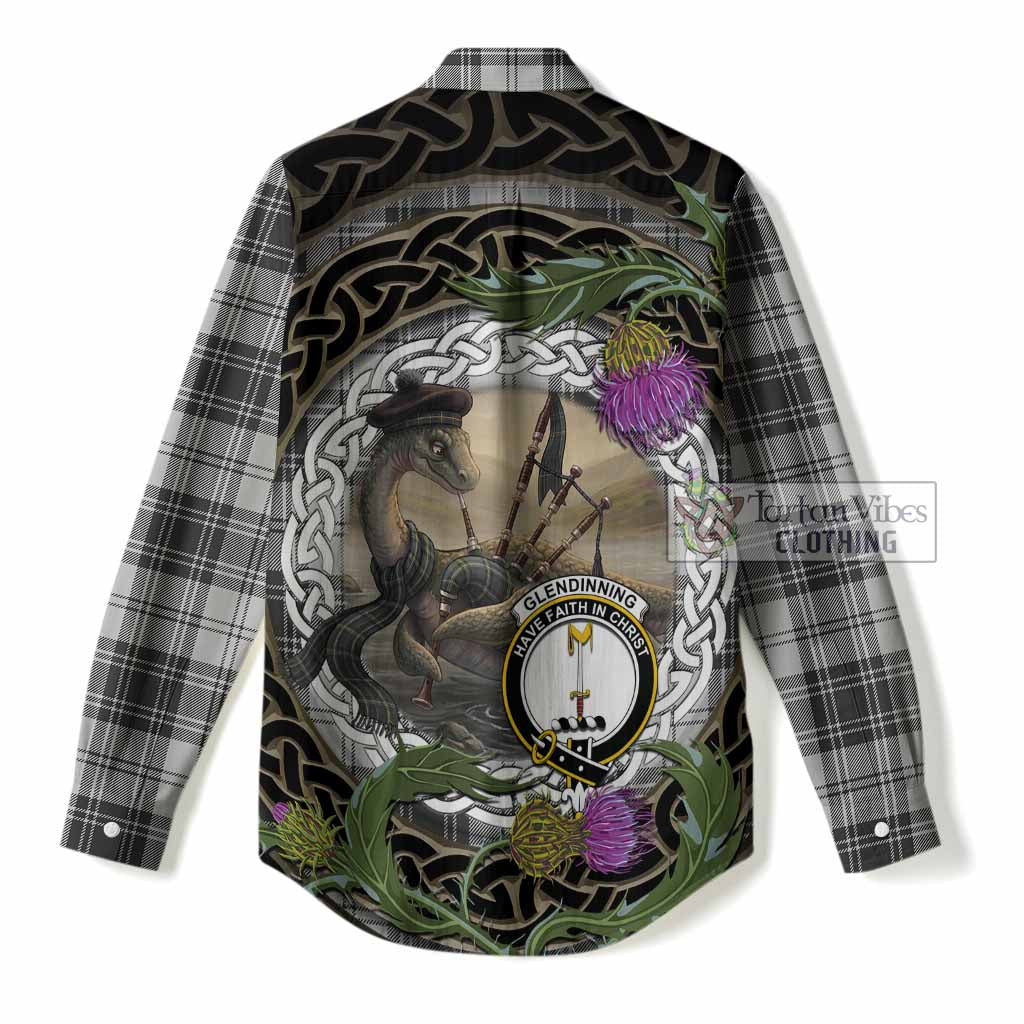 Glendinning Tartan Crest Bagpipe Nessie Women Casual Shirt Scottish Loch Ness Monster Celtic Thistle