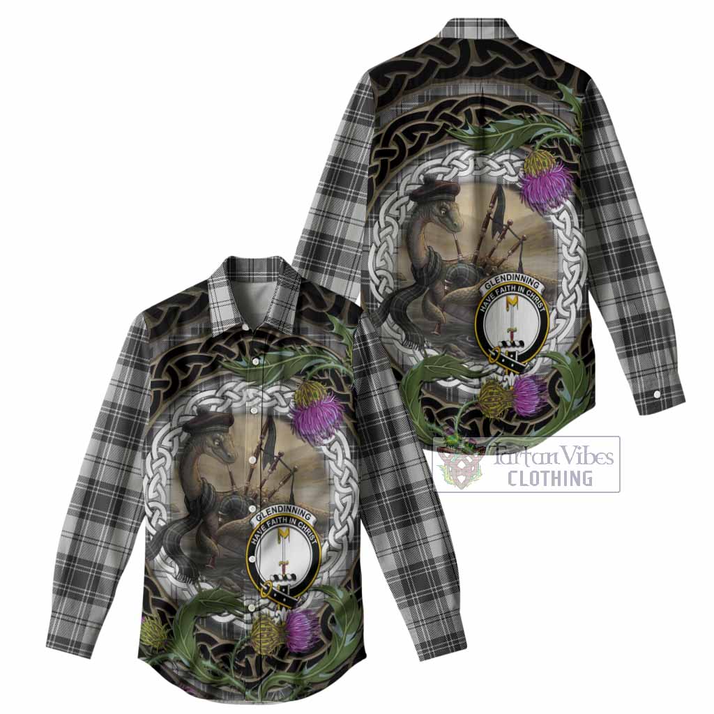 Glendinning Tartan Crest Bagpipe Nessie Women Casual Shirt Scottish Loch Ness Monster Celtic Thistle