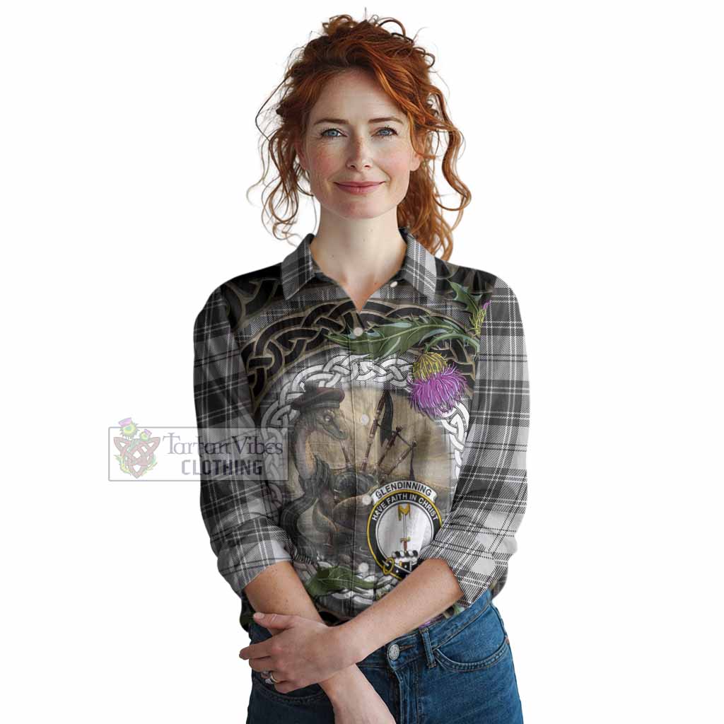 Glendinning Tartan Crest Bagpipe Nessie Women Casual Shirt Scottish Loch Ness Monster Celtic Thistle