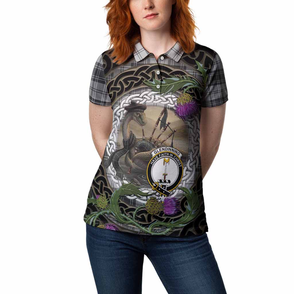 Glendinning Tartan Crest Bagpipe Nessie Women Polo Shirt Scottish Loch Ness Monster Celtic Thistle