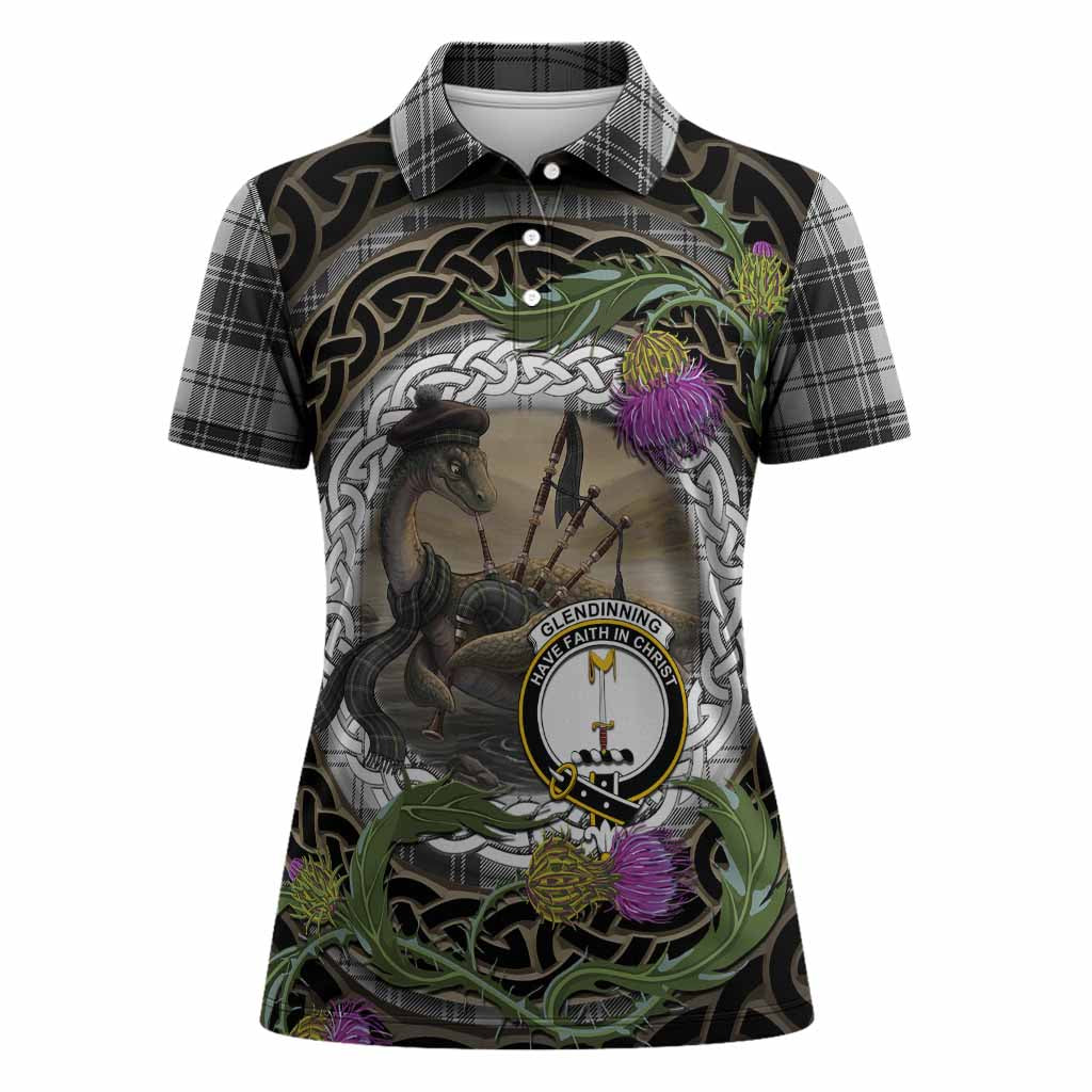 Glendinning Tartan Crest Bagpipe Nessie Women Polo Shirt Scottish Loch Ness Monster Celtic Thistle