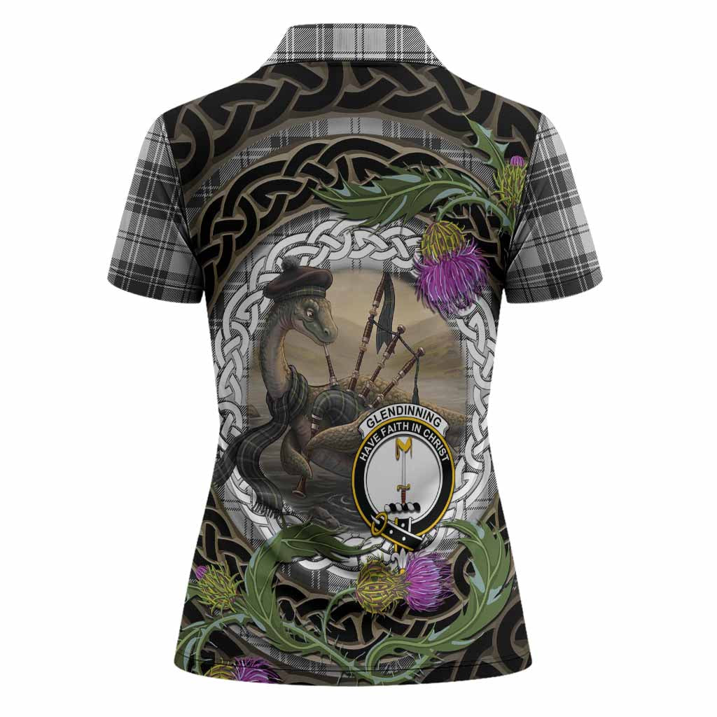 Glendinning Tartan Crest Bagpipe Nessie Women Polo Shirt Scottish Loch Ness Monster Celtic Thistle