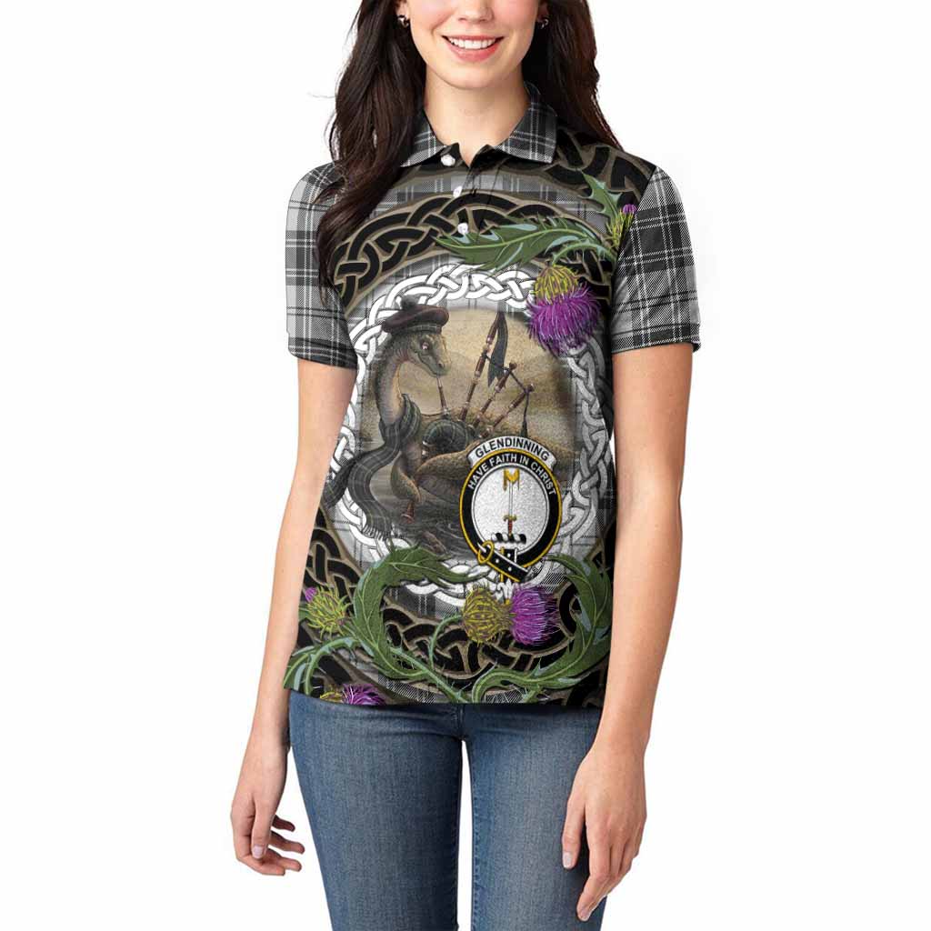 Glendinning Tartan Crest Bagpipe Nessie Women Polo Shirt Scottish Loch Ness Monster Celtic Thistle