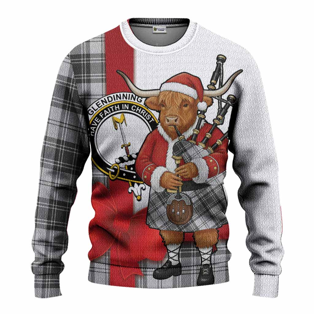 Glendinning Tartan Crest Christmas Christmas Ugly Sweater Highland Cow Bagpipes Coquette Bow Style