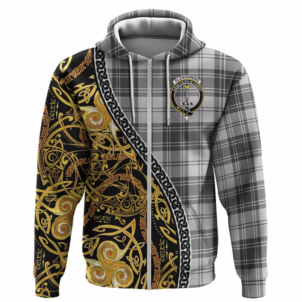 Glendinning Tartan Crest Hoodie Celtic Knot and Triple Trickle Spiral Symbols