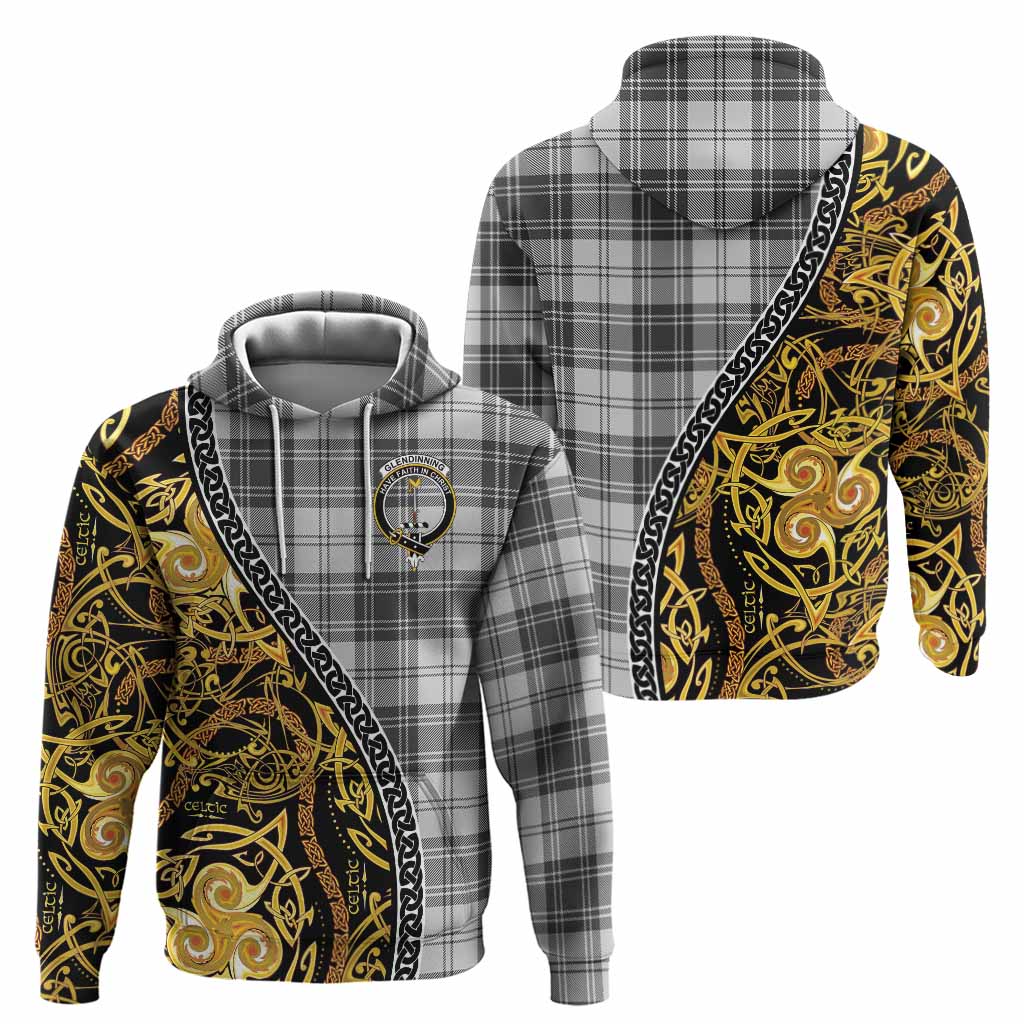 Glendinning Tartan Crest Hoodie Celtic Knot and Triple Trickle Spiral Symbols