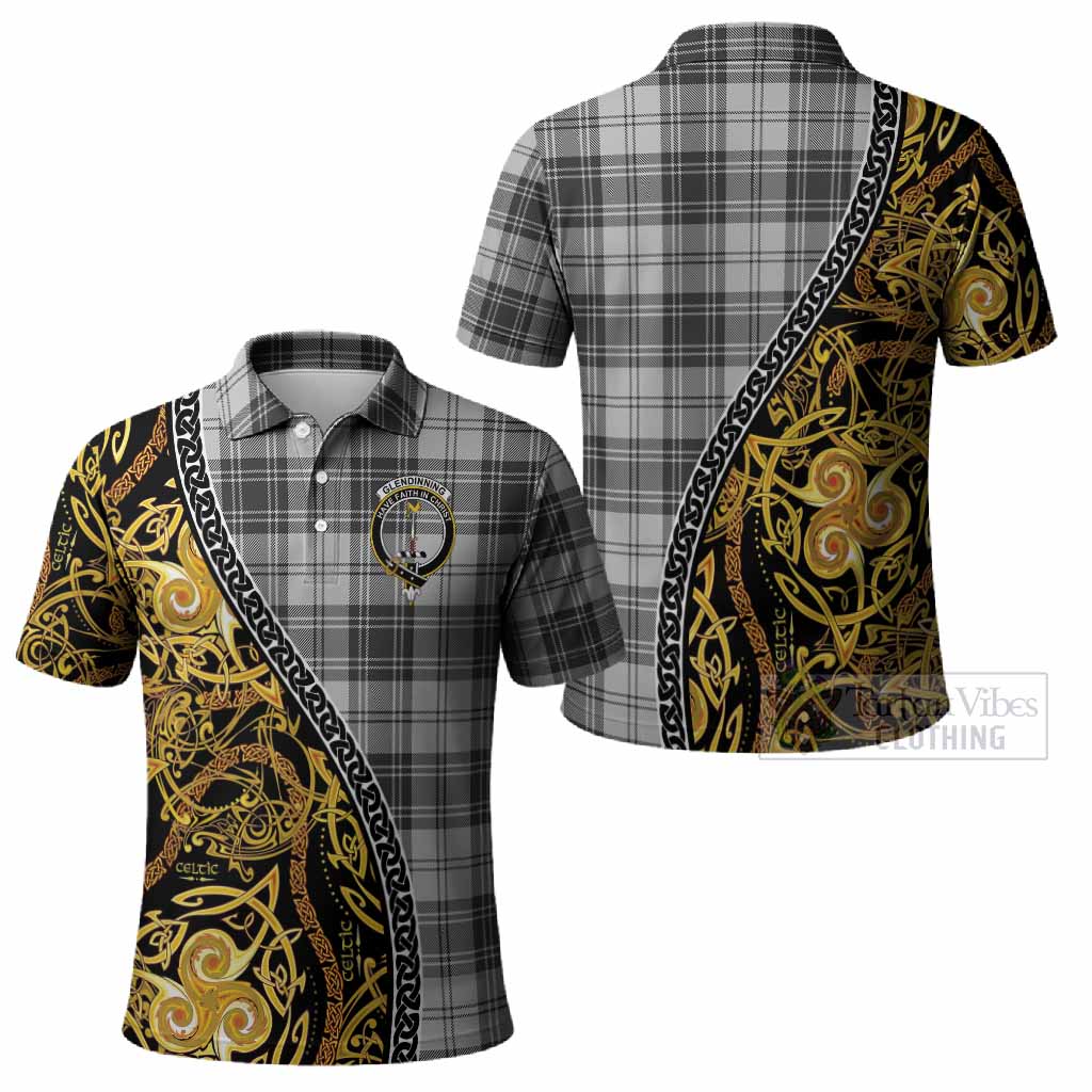 Glendinning Tartan Crest Polo Shirt Celtic Knot and Triple Trickle Spiral Symbols
