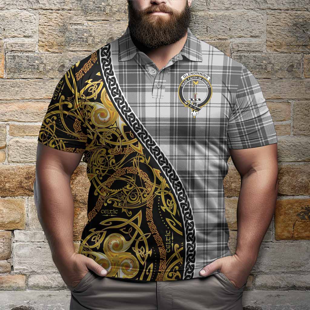 Glendinning Tartan Crest Polo Shirt Celtic Knot and Triple Trickle Spiral Symbols