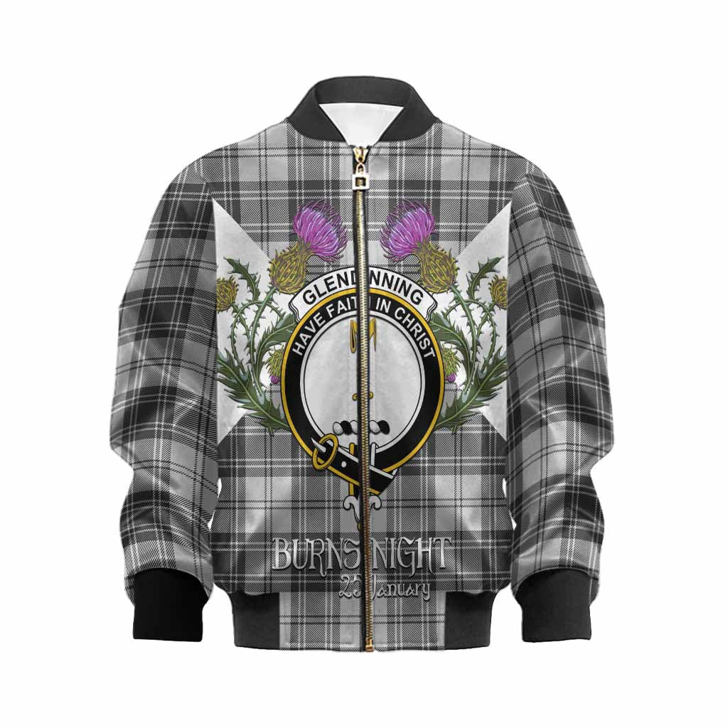 Glendinning Tartan Family Crest Kid Bomber Jacket Scottish Burns Night Thistle Floral
