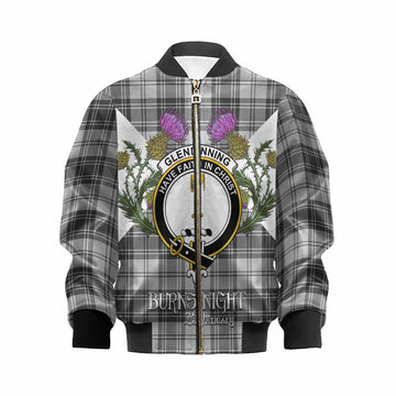 Glendinning Tartan Family Crest Kid Bomber Jacket Scottish Burns Night Thistle Floral