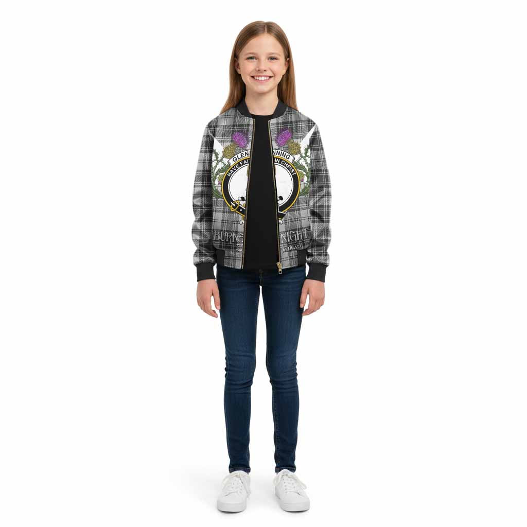 Glendinning Tartan Family Crest Kid Bomber Jacket Scottish Burns Night Thistle Floral