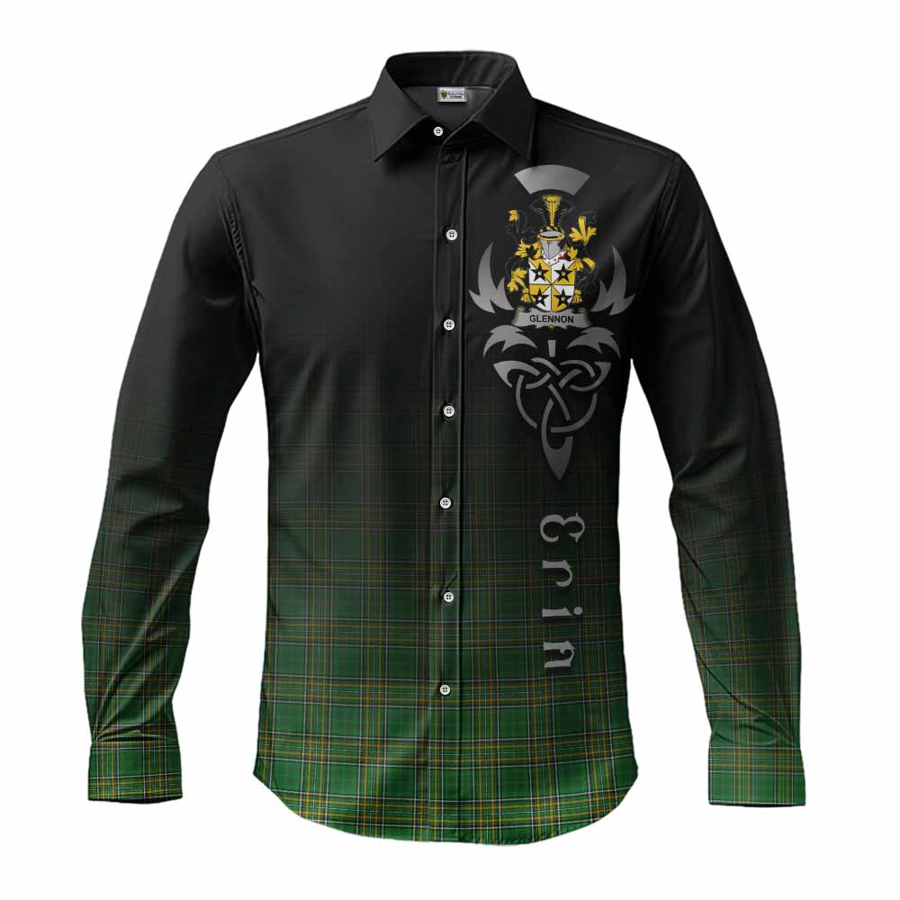 Tartan Vibes Clothing Glennon Irish Clan Long Sleeve Button Shirt with Coat of Arms Erin Go Bragh Celtic Inspired