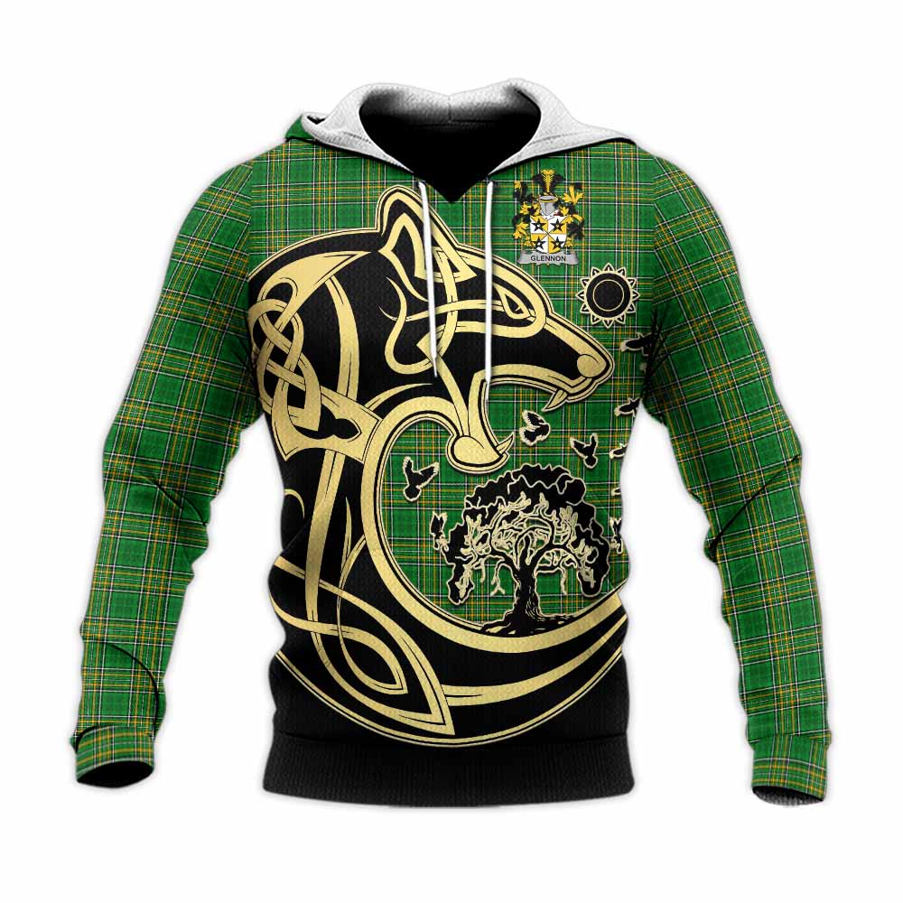 Glennon Irish Tartan Knitted Hoodie with Coat of Arms Celtic Wolf Style Unisex Knitted Pullover Hoodie - Tartan Vibes Clothing