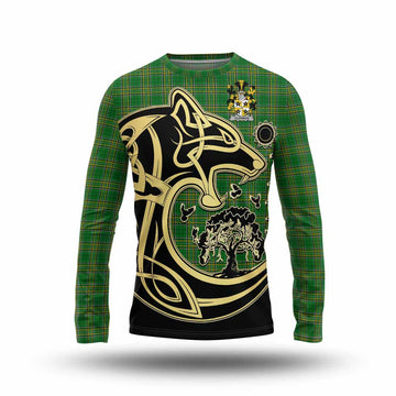 Tartan Vibes Clothing Glennon Irish Tartan Long Sleeve T-Shirt with Coat of Arms Celtic Wolf Style