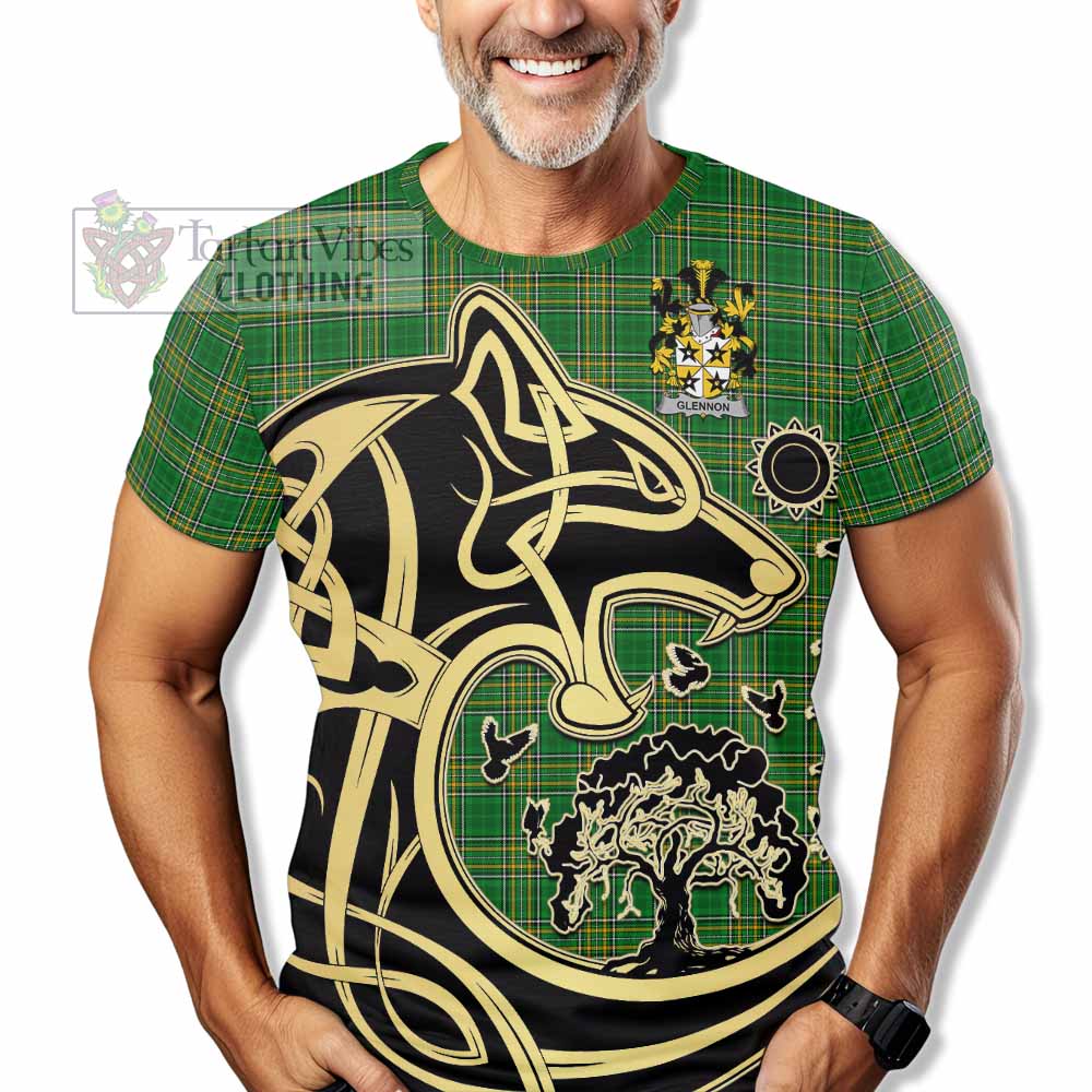 Tartan Vibes Clothing Glennon Irish Tartan T-Shirt with Coat of Arms Celtic Wolf Style