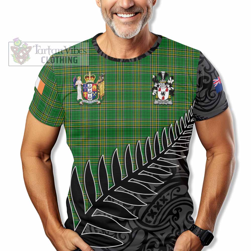 Tartan Vibes Clothing Godfrey of Bushfield Irish Clan Tartan T-Shirt with Coat of Arms New Zealand Silver Fern Half Style