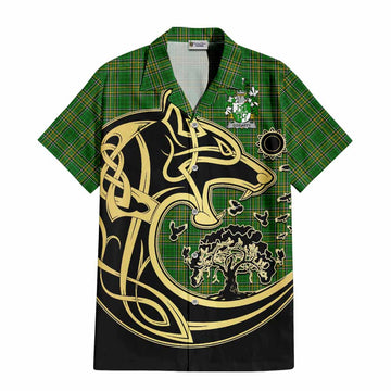 Tartan Vibes Clothing Gogarty Irish Tartan Short Sleeve Button Shirt with Coat of Arms Celtic Wolf Style