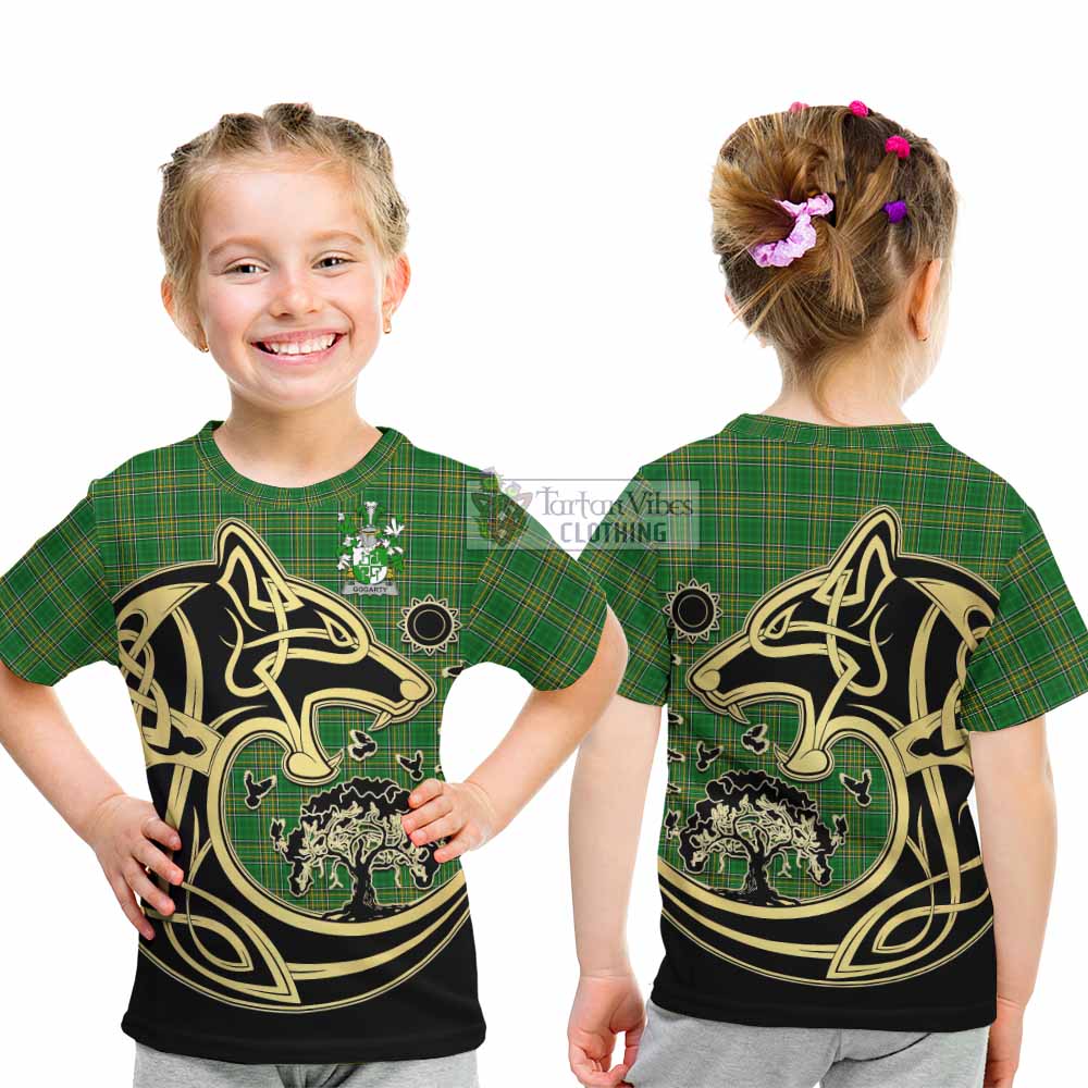 Tartan Vibes Clothing Gogarty Irish Tartan Kid T-Shirt with Coat of Arms Celtic Wolf Style