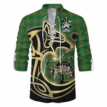Gold Irish Tartan Ghillie Kilt Shirt with Coat of Arms Celtic Wolf Style Men - Tartan Vibes Clothing