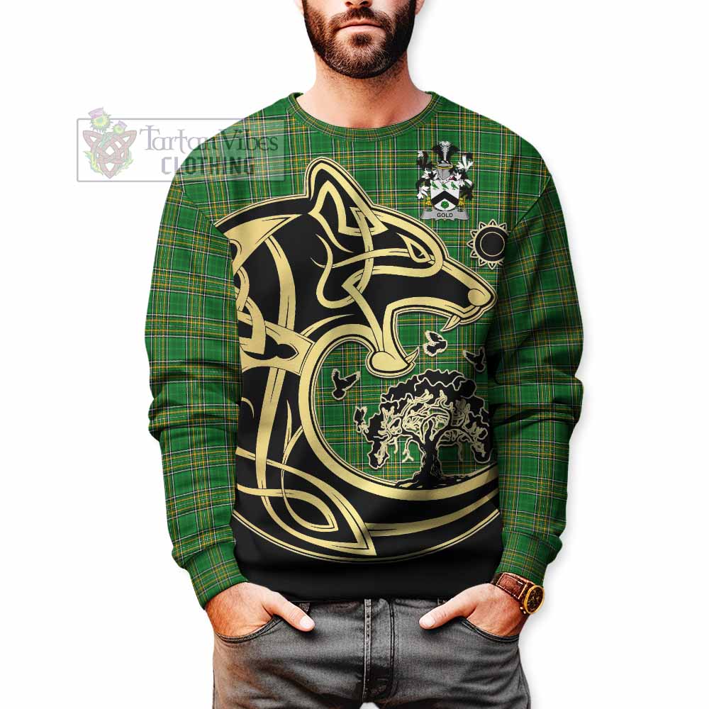 Gold Irish Tartan Sweatshirt with Coat of Arms Celtic Wolf Style - Tartan Vibes Clothing