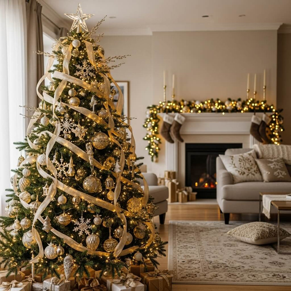 Luxurious living room with a gold-themed Christmas tree, ribbon garlands, and glowing fireplace, creating a warm festive holiday atmosphere.