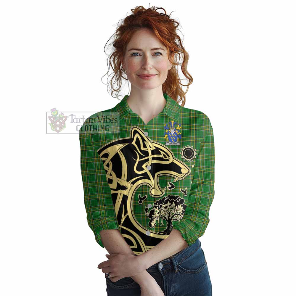 Tartan Vibes Clothing Golding Irish Tartan Women's Casual Shirt with Coat of Arms Celtic Wolf Style