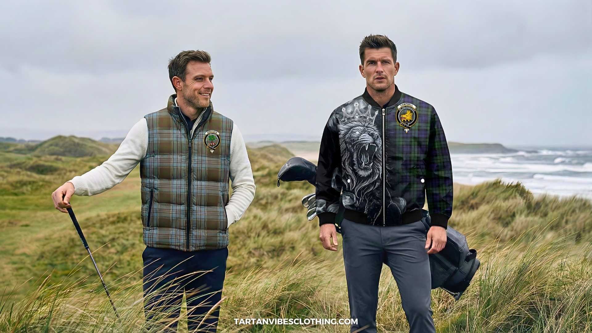 Golfers wearing padded and bomber jackets as outer layers on a windy Scottish links course
