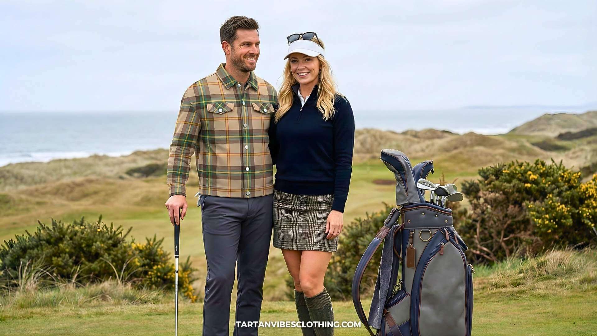 Golfers wearing water-repellent trousers, skirt, and socks on a coastal Scottish links course
