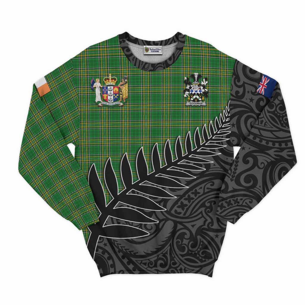 Tartan Vibes Clothing Goodman Irish Clan Tartan Sweatshirt with Coat of Arms New Zealand Silver Fern Half Style