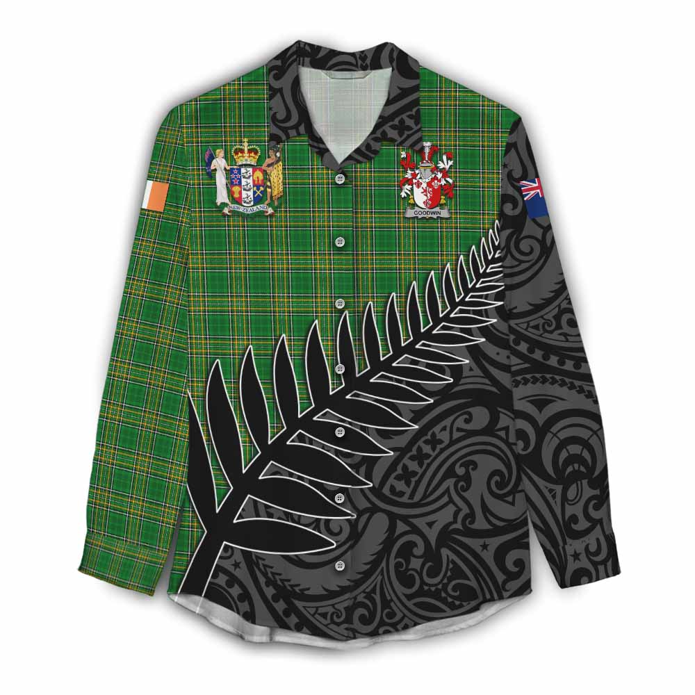 Tartan Vibes Clothing Goodwin Irish Clan Tartan Women's Casual Shirt with Coat of Arms New Zealand Silver Fern Half Style