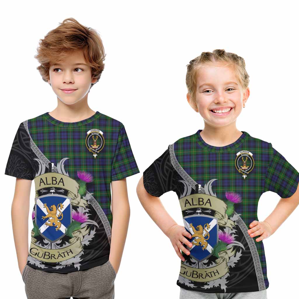 Tartan Vibes Clothing Gordon Tartan Family Crest Kid T-Shirt Lion Rampant Royal Thistle Shield Celtic Inspired