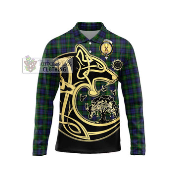 Gordon Tartan Long Sleeve Polo Shirt with Family Crest Celtic Wolf Style