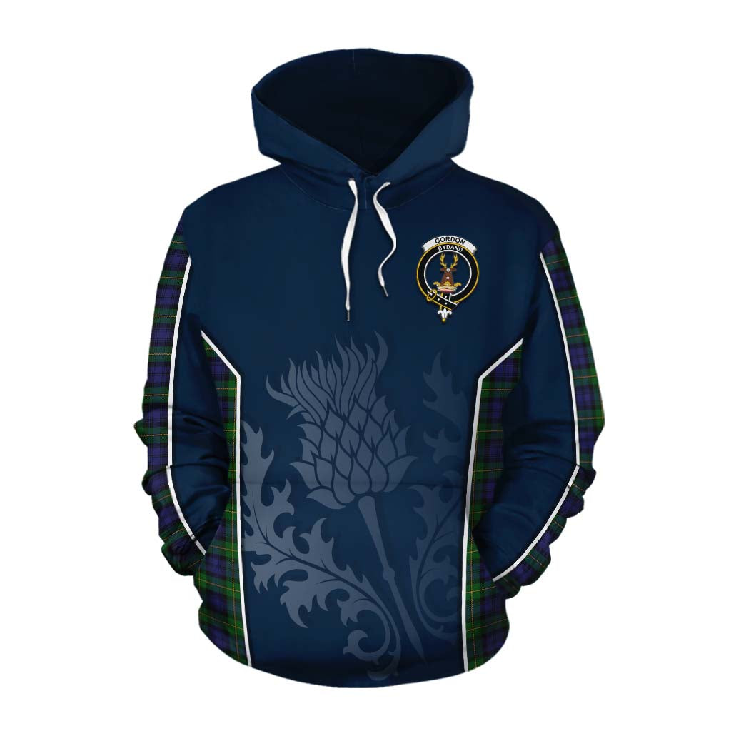 Tartan Vibes Clothing Gordon Tartan Cotton Hoodie with Family Crest and Scottish Thistle Vibes Sport Style