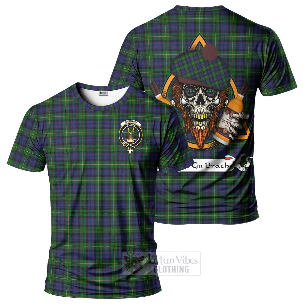 Tartan Vibes Clothing Gordon Tartan T-Shirt with Family Crest and Bearded Skull Holding Bottles of Whiskey