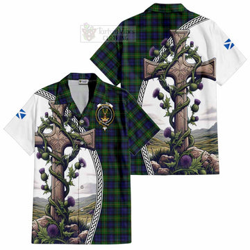 Gordon Tartan Hawaiian Shirt with Family Crest and St. Andrew's Cross Accented by Thistle Vines