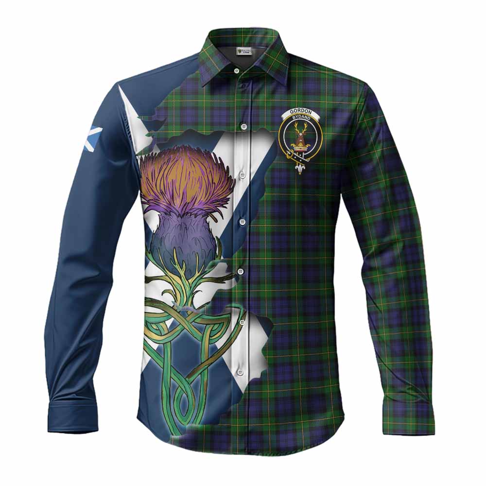 Tartan Vibes Clothing Gordon Tartan Family Crest Long Sleeve Button Shirt Scottish Thistle Celtic Inspired