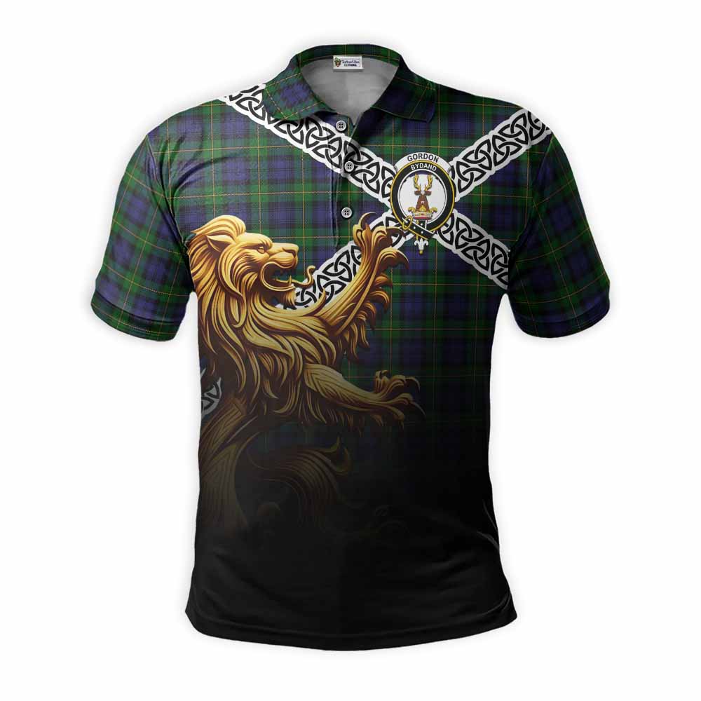 Tartan Vibes Clothing Gordon Crest Tartan Polo Shirt with Golden Lion Emblem Celtic Style