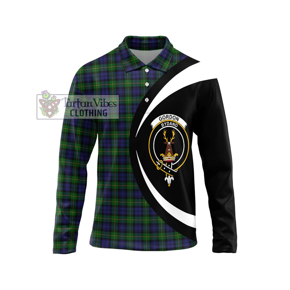 Gordon Tartan Long Sleeve Polo Shirt with Family Crest Circle Style Unisex - Tartan Vibes Clothing