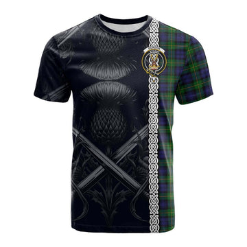 Gordon Tartan Cotton T-shirt with Family Crest Cross Sword Thistle Celtic Vibes