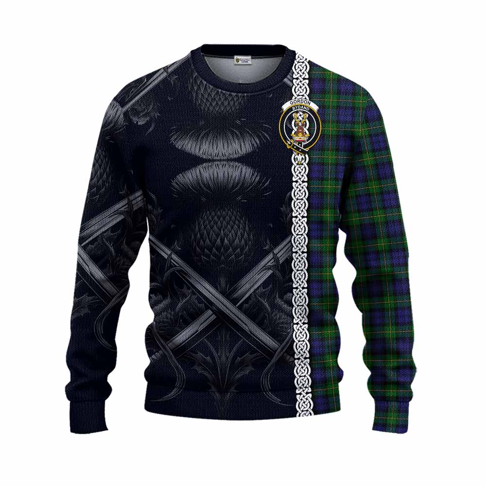 Tartan Vibes Clothing Gordon Tartan Knitted Sweater with Family Crest Cross Sword Thistle Celtic Vibes