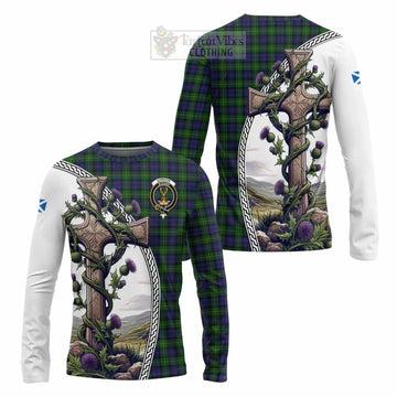 Tartan Vibes Clothing Gordon Tartan Long Sleeve T-Shirt with Family Crest and St. Andrew's Cross Accented by Thistle Vines