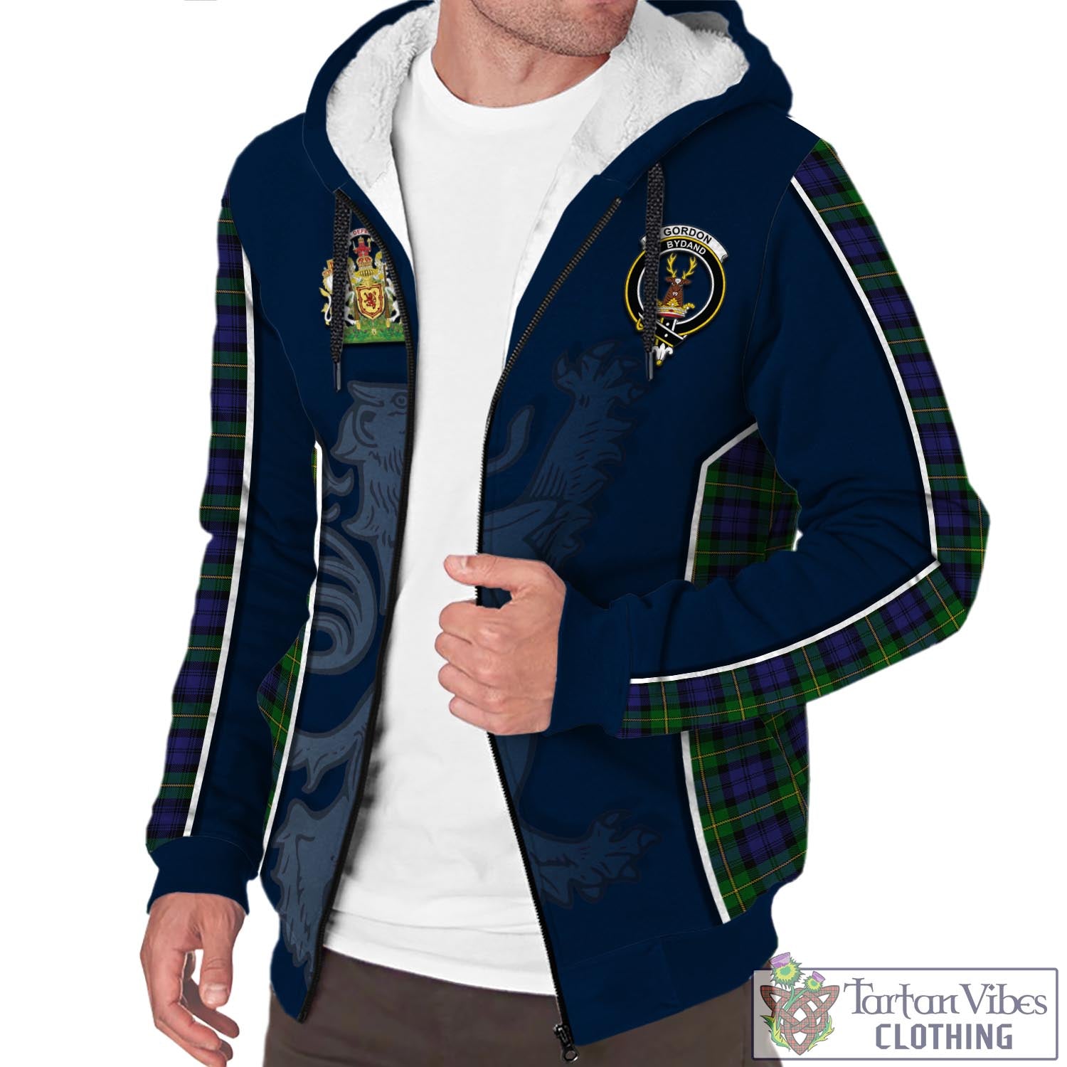 Tartan Vibes Clothing Gordon Tartan Sherpa Hoodie with Family Crest and Lion Rampant Vibes Sport Style