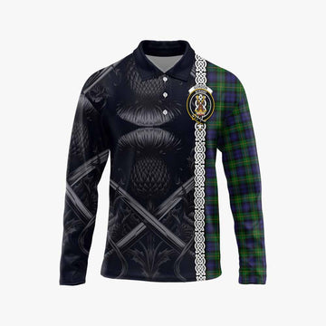 Gordon Tartan Long Sleeve Polo Shirt with Family Crest Cross Sword Thistle Celtic Vibes