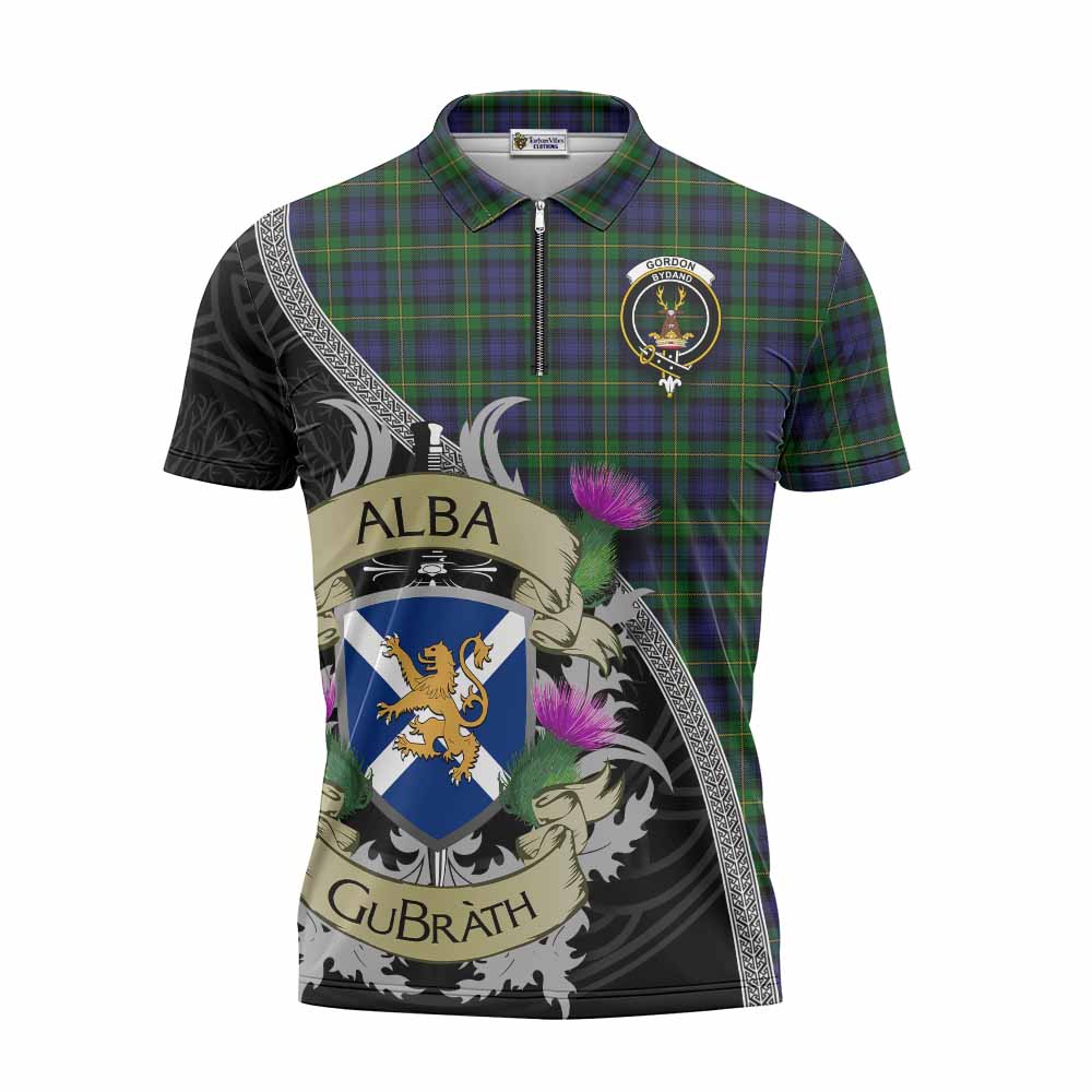Tartan Vibes Clothing Gordon Tartan Family Crest Zipper Polo Shirt Lion Rampant Royal Thistle Shield Celtic Inspired