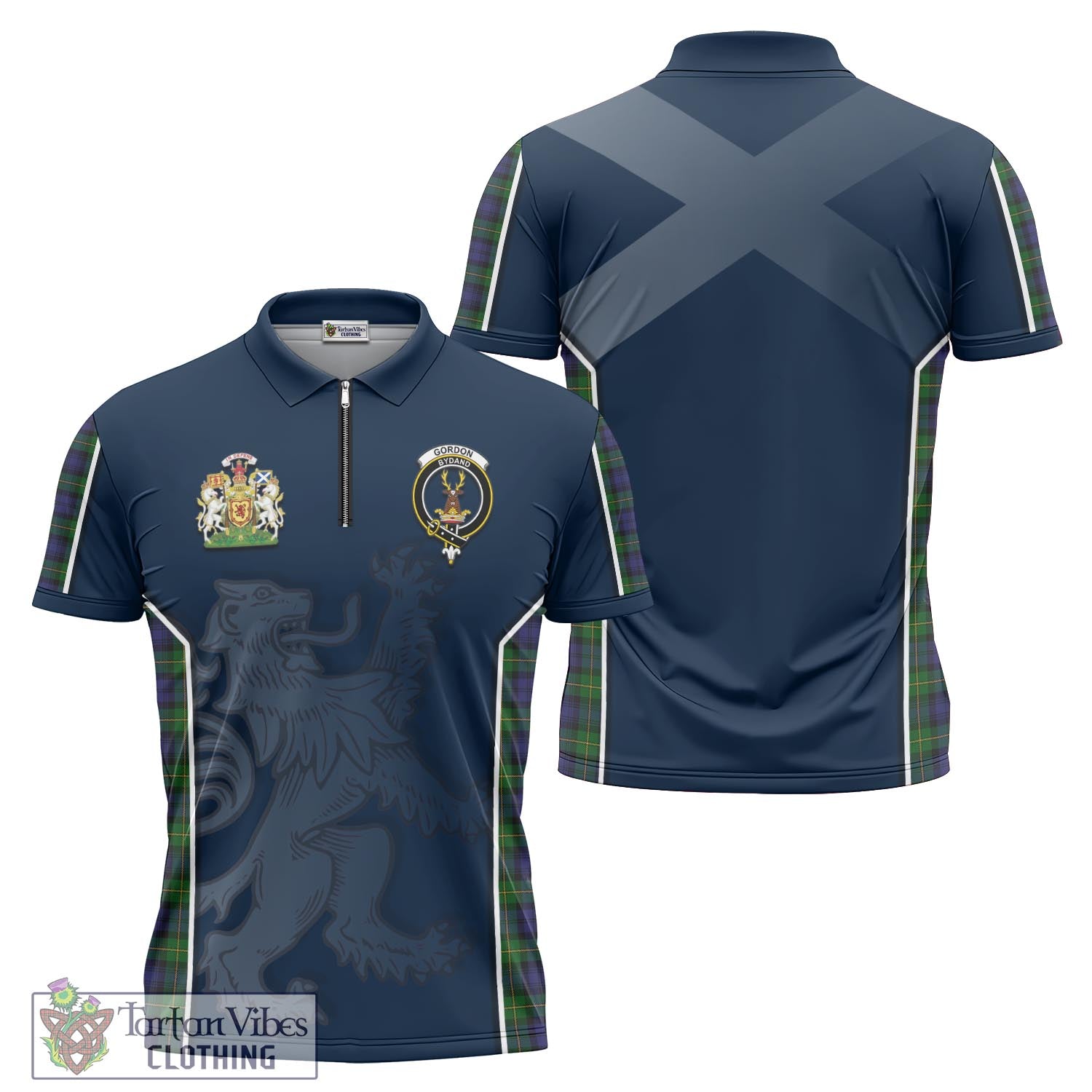 Tartan Vibes Clothing Gordon Tartan Zipper Polo Shirt with Family Crest and Lion Rampant Vibes Sport Style