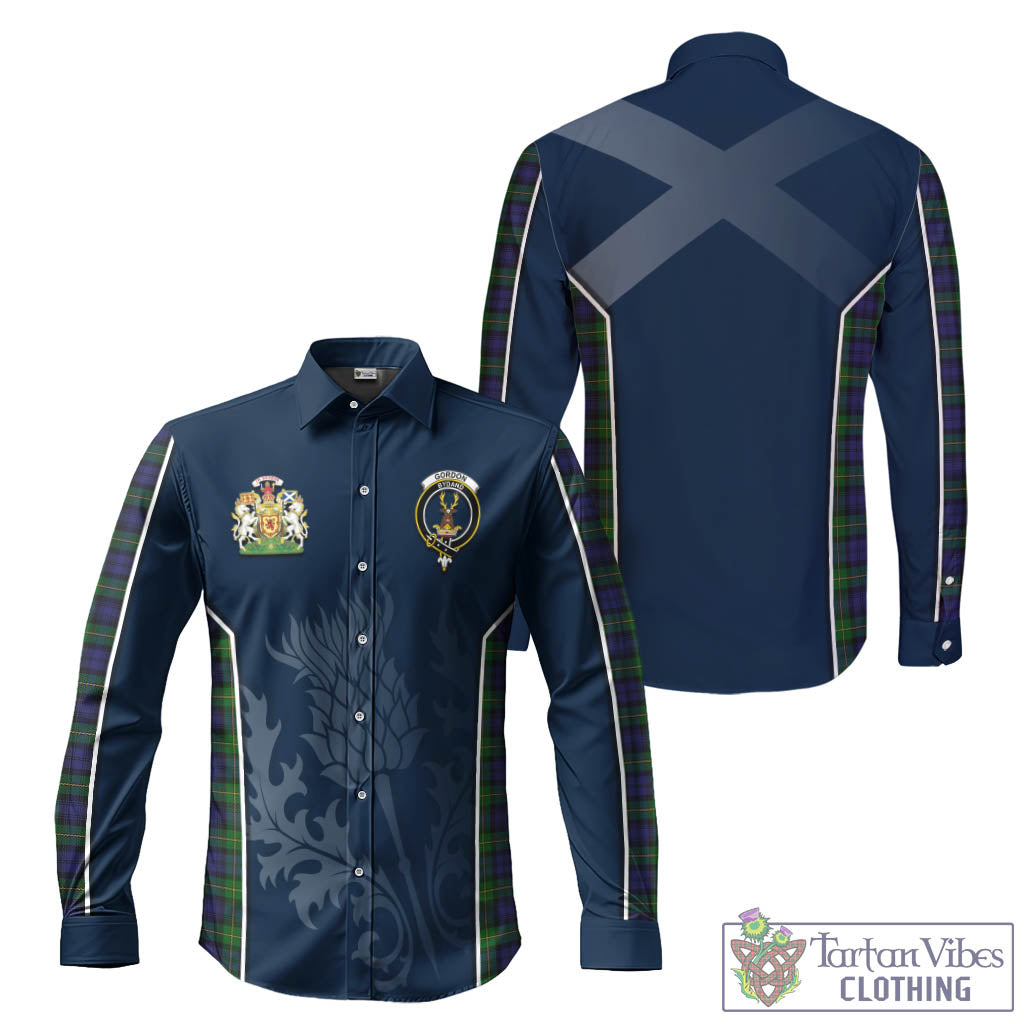 Tartan Vibes Clothing Gordon Tartan Long Sleeve Button Up Shirt with Family Crest and Scottish Thistle Vibes Sport Style