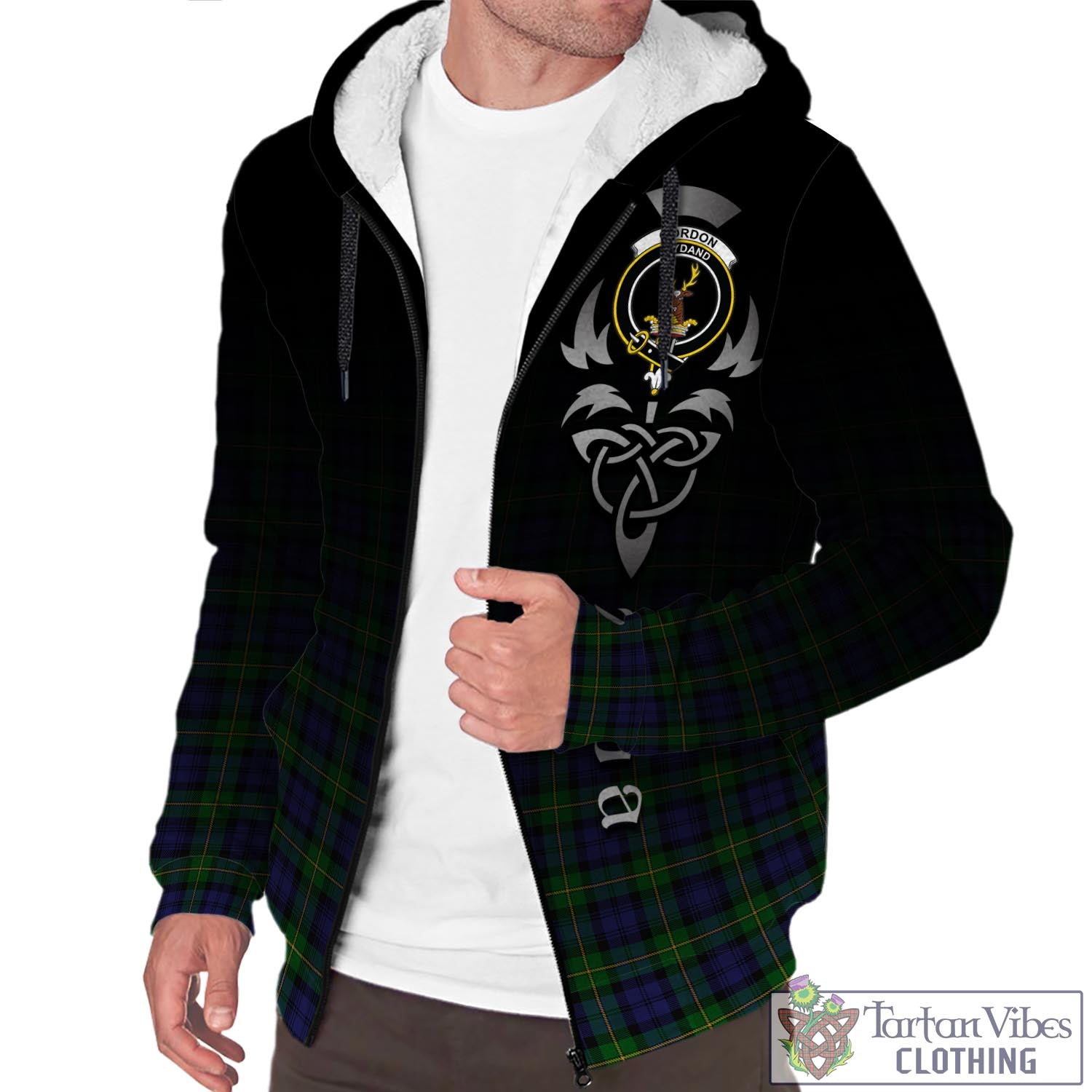 Gordon Tartan Sherpa Hoodie Featuring Alba Gu Brath Family Crest Celtic Inspired Unisex - Tartan Vibes Clothing